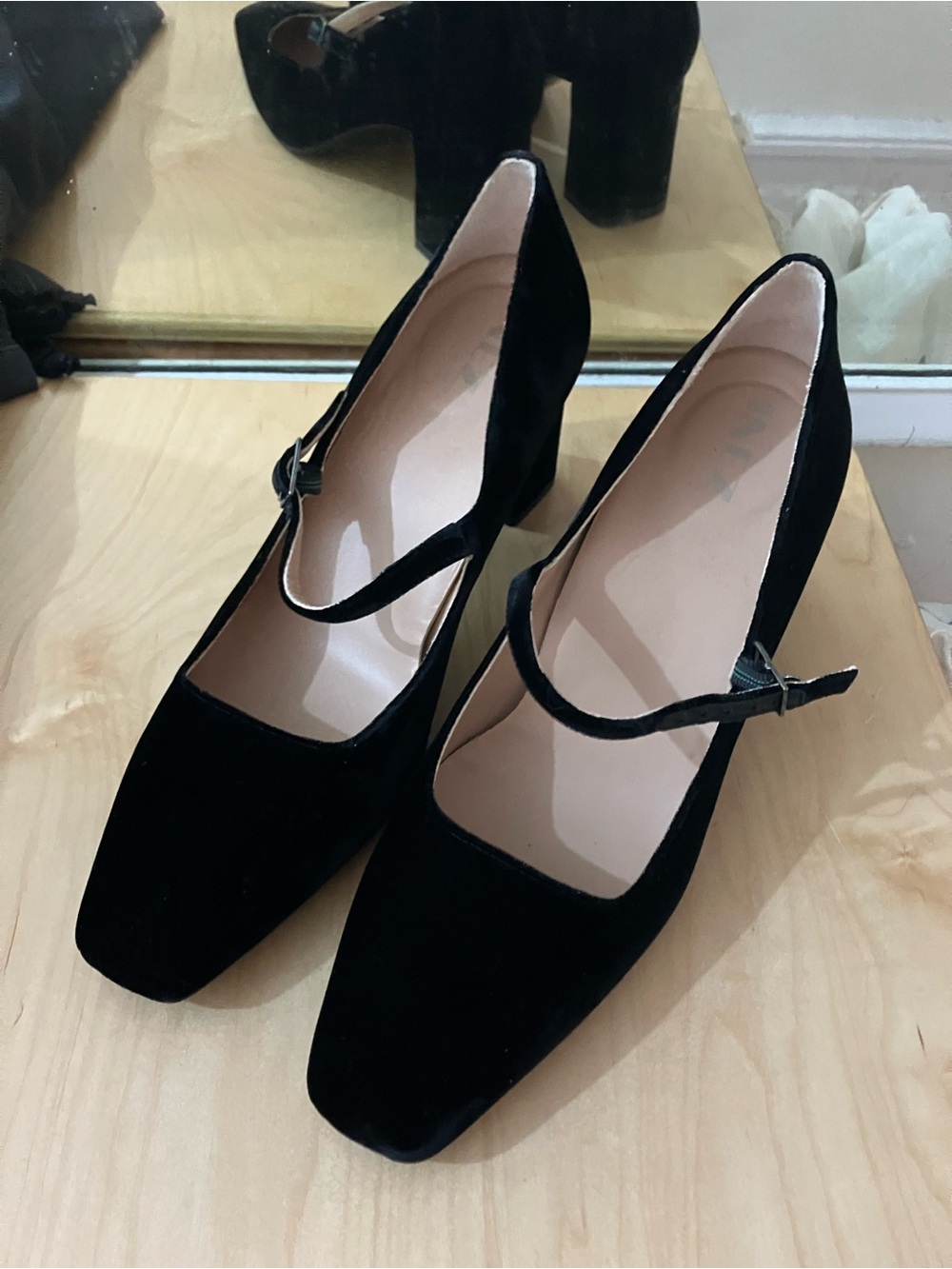 Inez Black Velvet Mary Jane Block Heel Celine Pumps